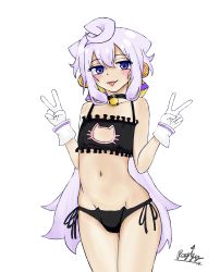 Rule 34 | 1boy, absurdres, androgynous, artist request, bare legs, blue eyes, blush, bulge, cat lingerie, crossdressing, gloves, hacka doll, hacka doll 3, highres, long hair, male focus, meme attire, naughty face, panties, purple hair, side-tie panties, solo, thong, tongue, tongue out, trap, underwear, v, white background
