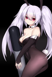 Rule 34 | :&lt;, abanzer n, absurdres, alternate breast size, animal ears, ass, azur lane, bad id, bad pixiv id, bare shoulders, black background, black leotard, black pantyhose, blush, breasts, bridal gauntlets, cleavage, closed mouth, collar, collarbone, commentary request, detached collar, fake animal ears, hair between eyes, highleg, highleg leotard, highres, laffey (azur lane), large breasts, leotard, long hair, looking at viewer, pantyhose, playboy bunny, purple eyes, rabbit ears, rabbit tail, silver hair, simple background, solo, strapless, strapless leotard, tail, torpedo, twintails, very long hair, white collar