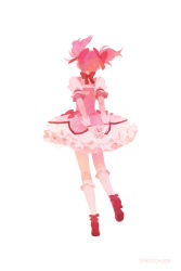 Rule 34 | 1girl, ankle ribbon, arms behind back, artist name, back cutout, bobby socks, bow, bubble skirt, choker, clothing cutout, elbow blush, facing away, floating hair, foot up, freichou, frilled skirt, frilled sleeves, frills, from behind, full body, gloves, hair ribbon, heart cutout, highres, interlocked fingers, kaname madoka, layered skirt, leg ribbon, legs apart, mahou shoujo madoka magica, own hands together, pastel colors, pink hair, puffy sleeves, red bow, red footwear, red ribbon, ribbon, ribbon choker, shoes, short twintails, simple background, skirt, socks, solo, twintails, waist bow, white background, white gloves, white skirt, white socks