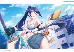 Rule 34 | 1girl, aiba mio, armpits, bag, blue bra, blue hair, blush, bra, breasts, building, cleavage, cloud, cowboy shot, day, closed eyes, female focus, floating hair, handbag, high ponytail, highres, holding, legs, legs together, long hair, medium breasts, midriff, navel, off shoulder, official art, omega labyrinth, omega labyrinth life, open mouth, original, outdoors, outstretched arms, page number, ponytail, shopping bag, skirt, sky, solo, spread arms, standing, thighs, u35, underwear, very long hair, wardrobe malfunction