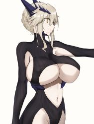 Rule 34 | 1girl, akatsuki ikki, armpit cutout, artoria pendragon (fate), artoria pendragon (lancer alter) (fate), black bodysuit, blonde hair, bodysuit, braid, breasts, center opening, clothing cutout, fate/grand order, fate (series), french braid, highres, horns, large breasts, long hair, long sleeves, navel, revealing clothes, ribbed bodysuit, sidelocks, simple background, solo, underboob, white background, yellow eyes