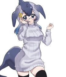 Rule 34 | 1girl, :o, anchor hair ornament, blowhole, blue eyes, blue whale (kemono friends), blush, boots, cetacean tail, cowboy shot, dorsal fin, dress, fins, fish tail, grey hair, hair between eyes, hair ornament, highres, houkokukokui, kemono friends, kemono friends 3, long hair, long sleeves, looking at viewer, multicolored hair, semi-rimless eyewear, sidelocks, solo, sweater, sweater dress, tail, thigh boots, turtleneck, turtleneck sweater, whale girl, white sweater