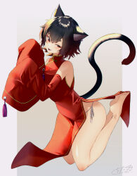 Rule 34 | 1girl, :d, animal ears, barefoot, black hair, cat ears, cat girl, cat tail, china dress, chinese clothes, chita (ketchup), commentary request, detached sleeves, dress, full body, grey background, hair between eyes, highres, long sleeves, looking at viewer, open mouth, original, panties, red dress, red eyes, red sleeves, short eyebrows, side-tie panties, signature, sleeveless, sleeveless dress, sleeves past fingers, sleeves past wrists, smile, tail, thick eyebrows, two-tone background, underwear, white panties, wide sleeves