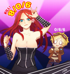 Rule 34 | 1boy, 1girl, alternate costume, alternate hair color, alternate hairstyle, artist request, belt, black dress, black nails, blonde hair, blue eyes, bracelet, breasts, cleavage, dress, ezreal, frown, gameplay mechanics, gloves, goggles, goggles on head, jewelry, large breasts, league of legends, long hair, looking at viewer, nail polish, no pupils, pentakill (league of legends), pentakill sona, red hair, short hair, sona (league of legends), spiked bracelet, spikes, strapless, strapless dress, surprised, white eyes