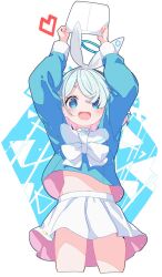 Rule 34 | 1girl, arona (blue archive), blue archive, blue eyes, blue hair, blue halo, blush, choker, commentary, cowboy shot, cropped legs, halo, highres, holding, long sleeves, open mouth, pleated skirt, shimofuri, short hair, simple background, skirt, smile, solo, white background, white choker, white skirt
