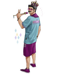 Rule 34 | 1boy, black hair, blue shirt, crown, ear piercing, earrings, facial hair, from behind, hand up, highres, holding, holding scepter, jewelry, male focus, mustache, original, piercing, print shirt, purple-tinted eyewear, purple footwear, purple shorts, ring, rinotuna, scepter, shirt, shoes, short hair, shorts, solo, tinted eyewear, white background