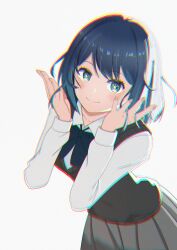 Rule 34 | 1girl, absurdres, black sweater vest, blue bow, blue bowtie, blue eyes, blue hair, blush, bow, bowtie, chinese commentary, chromatic aberration, closed mouth, collared shirt, commentary, cowboy shot, film grain, grey skirt, hands up, highres, kurokawa akane, leaning forward, long sleeves, medium hair, oshi no ko, pandanoc (37825421), pleated skirt, school uniform, shirt, simple background, skirt, smile, solo, star-shaped pupils, star (symbol), sweater vest, swept bangs, symbol-shaped pupils, white background, white shirt