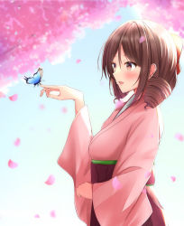 Rule 34 | 1girl, :d, animal, animal on hand, blush, bow, brown hair, bug, butterfly, cherry blossoms, drill hair, from side, hair bow, hakama, hakama skirt, harukaze (kancolle), highres, insect, japanese clothes, kantai collection, kimono, meiji schoolgirl uniform, open mouth, petals, pink kimono, red bow, red eyes, red hakama, skirt, smile, solo, toyomi 13, twin drills