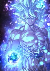 Rule 34 | 1boy, abs, arm at side, aura, blue background, blue theme, blurry, bokeh, closed mouth, collarbone, commentary request, cupping hands, dark background, depth of field, dragon ball, dragon ball super, dragonball z, earth (planet), expressionless, fingernails, floating hair, frown, glowing, grey eyes, hand up, light particles, looking down, male focus, manly, mattari illust, muscular, orange pants, own hands together, pants, pectorals, planet, purple background, shaded face, shirt, sky, solo, son goku, spiked hair, star (sky), starry sky, topless male, torn clothes, torn shirt, twitter username, ultra instinct, white background, white hair, white theme, wristband