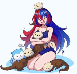Rule 34 | 1girl, :d, alear (female) (fire emblem), alear (fire emblem), armpit crease, artist name, blue hair, blue one-piece swimsuit, breasts, cleavage, closed eyes, collarbone, commentary, crossed bangs, english commentary, fire emblem, fire emblem engage, hair between eyes, highres, long hair, multicolored hair, nintendo, one-piece swimsuit, open mouth, otter, raydango, red hair, sea otter, signature, simple background, sitting, smile, sommie (fire emblem), split-color hair, swimsuit, twitter username, two-tone hair, white background