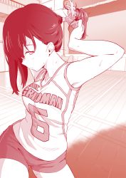 Rule 34 | 10s, 1girl, armpits, arms behind head, bare shoulders, clothes writing, contrapposto, gridman universe, gym shorts, indoors, kujou hyotarouo, long hair, looking at viewer, monochrome, ponytail, scrunchie, shirt, shorts, sleeveless, sleeveless shirt, solo, sportswear, ssss.gridman, sweat, takarada rikka, thighs, tying hair, volleyball uniform, wooden floor