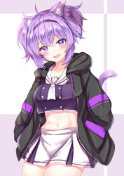 Rule 34 | 1girl, alternate hairstyle, animal ears, black jacket, blush, breasts, cat ears, cat tail, collarbone, commentary request, cowboy shot, crop top, drawstring, eyebrows, fang, grey background, hairband, hands in pockets, head tilt, highres, hololive, hood, hooded jacket, jacket, medium breasts, midriff, miniskirt, navel, neckerchief, nekomata okayu, nekomata okayu (1st costume), nekomata okayu (casual), open clothes, open jacket, open mouth, purple background, purple eyes, purple hair, sidelocks, skirt, smile, solo, tail, thighs, two side up, virtual youtuber, white skirt, yuano