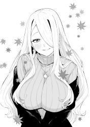 Rule 34 | blush, breasts, cardigan, chieri no koi wa 8 meter, earrings, eyelashes, greyscale, hair over breasts, hair over one eye, hair over shoulder, highres, huge breasts, jewelry, leaf, long hair, long sleeves, looking at viewer, maple leaf, mitogawawataru, monochrome, necklace, official art, oomine chieri, oomine ringo (chieri no koi wa 8 meter), open cardigan, open clothes, parted lips, sidelocks, simple background, straight-on, straight hair, sweater, swept bangs, turtleneck, turtleneck sweater, upper body, very long hair, wavy hair, white background