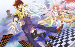 Rule 34 | 10s, 1boy, 3girls, angel wings, brother and sister, brown hair, chess piece, spiked halo, cross akiha, feathered wings, halo, highres, jibril (no game no life), long hair, midriff, multiple girls, navel, no game no life, orange eyes, panties, pink hair, school uniform, serafuku, shiro (no game no life), short hair, siblings, silver hair, sora (no game no life), stephanie dora, striped clothes, striped panties, thighhighs, underwear, white wings, wings, yellow eyes