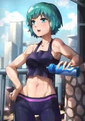 Rule 34 | 1girl, absurdres, armpits, bottle, breasts, collarbone, day, exercising, green eyes, green hair, groin, hand on own hip, highres, huge filesize, medium breasts, mr.lime, navel, pants, parted lips, sei asagiri, short hair, sports bra, stomach, sweat, toned, va-11 hall-a, water bottle, yoga pants