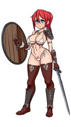Rule 34 | 1girl, abs, armlet, armor, belt, bikini, blue eyes, boots, breasts, dovahkiin, dovakini-chan (nisetanaka), female pubic hair, full body, fur-trimmed gloves, fur trim, gloves, greaves, highres, holding, holding shield, holding sword, holding weapon, jewelry, large breasts, micro bikini, navel, necklace, nisetanaka, pauldrons, ponytail, pubic hair, red hair, shaped pubic hair, shield, shoulder armor, smile, solo, standing, strap, swimsuit, sword, the elder scrolls, the elder scrolls v: skyrim, thigh boots, transparent background, vambraces, weapon, white bikini