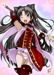 Rule 34 | 00s, 1girl, armpits, bad id, bad pixiv id, black hair, elbow gloves, fate/stay night, fate (series), gloves, green eyes, kaleido ruby, kaleidostick, long hair, magical girl, one eye closed, panties, solo, tohsaka rin, toosaka rin, toru k, twintails, two side up, underwear, wand, wink