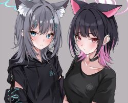 Rule 34 | 2girls, alternate costume, animal ear fluff, animal ears, black choker, black hair, black shirt, black sweater, blue archive, blue eyes, blush, breasts, cat ears, choker, closed mouth, clothing cutout, colored inner hair, cross hair ornament, drawstring, ear piercing, extra ears, grey hair, hair ornament, halo, hood, hooded sweater, kazusa (blue archive), long sleeves, looking at viewer, marisasu (marisa0904), medium breasts, medium hair, multicolored hair, multiple girls, piercing, pink hair, pink halo, red eyes, shiroko (blue archive), shirt, short sleeves, sidelocks, simple background, sweater, upper body, white background, wolf ears