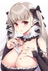 Rule 34 | 1girl, areola slip, azur lane, bare shoulders, black bow, black dress, black nails, blunt bangs, blush, bow, breasts, cleavage, collarbone, commentary request, dress, fingernails, formidable (azur lane), frilled dress, frills, gradient background, grey background, grey hair, hair bow, hands up, highres, hinoka (allen), large breasts, long hair, looking at viewer, nail polish, red eyes, sharp fingernails, solo, twintails, upper body, white background