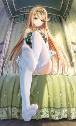 Rule 34 | 1girl, artist name, bare shoulders, blonde hair, breasts, closed mouth, clothes pull, commentary request, curtains, dress, elbow gloves, eyes visible through hair, feet, female focus, floral print, foot focus, from below, gem, gloves, haneru, indoors, large breasts, leg up, long hair, looking at viewer, looking down, mythra (xenoblade), nintendo, no shoes, on bed, panties, pantyhose, pantyhose pull, pantyshot, pulled by self, sitting, smile, soles, solo, swept bangs, tiara, toes, underwear, very long hair, white gloves, white panties, white pantyhose, wooden floor, xenoblade chronicles (series), xenoblade chronicles 2, yellow eyes