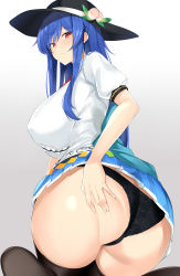 Rule 34 | 1girl, absurdres, ass, ass grab, black hat, blouse, blue hair, blue skirt, blush, bow, bowtie, breasts, center frills, food, frills, from behind, fruit, grabbing own ass, hat, highres, hinanawi tenshi, huge breasts, kneeling, leaf, long hair, looking at viewer, looking back, maruyaa (malya1006), panties, peach, puffy short sleeves, puffy sleeves, red bow, red eyes, shirt, short sleeves, skirt, solo, thighhighs, touhou, underwear, very long hair, white shirt