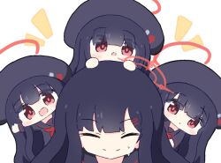 Rule 34 | 4girls, black hair, black headwear, black sailor collar, black shirt, blue archive, blunt bangs, blush stickers, chibi, chibi on head, closed mouth, hair ornament, hairclip, halo, hands on another&#039;s head, hands up, hat, ichika (blue archive), justice task force member (blue archive), long hair, long sleeves, looking at viewer, multiple girls, no nose, on head, open mouth, parted lips, red eyes, red halo, sailor collar, shirt, smile, umihio, upper body
