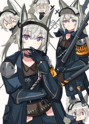 Rule 34 | &gt; &lt;, 5girls, :&gt;, :d, > <, @ @, absurdres, animal ears, arknights, armband, brown shirt, chibi, commentary, grani (arknights), grey hair, highres, holding, holding weapon, horse ears, horse girl, huge filesize, infection monitor (arknights), jacket, long hair, looking at viewer, makotoyukiko, multiple girls, multiple persona, open clothes, open jacket, open mouth, police, police uniform, purple eyes, shirt, smile, solid oval eyes, uniform, upper body, visor cap, weapon, white background, xd