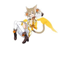 Rule 34 | 10s, 1girl, alternate costume, animal ears, brown eyes, brown hair, cat ears, cat tail, full body, gloves, hair between eyes, hair ribbon, highres, holding, long hair, official art, open mouth, orange ribbon, ribbon, silica, silica (sao-alo), simple background, solo, sword art online, sword art online: code register, tail, thighhighs, twintails, white background, white gloves, white thighhighs