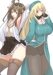 Rule 34 | 10s, 2girls, ahoge, armpits, atago (kancolle), beret, black gloves, blonde hair, breasts, brown eyes, brown hair, clothes lift, covered erect nipples, detached sleeves, female focus, garyou, gloves, green eyes, hair ornament, hat, huge breasts, japanese clothes, kantai collection, kongou (kancolle), long hair, long skirt, military, military uniform, miniskirt, multiple girls, navel, nontraditional miko, panties, pantyhose, pantyshot, plump, simple background, skirt, skirt lift, standing, tongue, underwear, uniform, white background, white panties