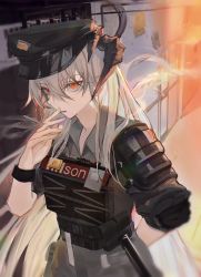 Rule 34 | 1girl, ak (ak98110881), arknights, arm behind back, black hat, bulletproof vest, cigarette, collared shirt, commentary, dragon horns, grey shirt, hair between eyes, hair over eyes, hand up, hat, highres, holding, holding cigarette, horns, id card, indoors, looking at viewer, official alternate costume, orange eyes, police hat, saria (arknights), saria (the law) (arknights), shirt, silver hair, sleeves rolled up, smoke, smoking, solo, upper body