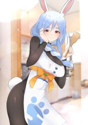 Rule 34 | 1girl, animal ear fluff, animal ears, apron, black bodysuit, blush, bodysuit, bow, braid, braided ponytail, breasts, hair bow, hand on own face, highres, holding, holding spatula, hololive, large breasts, long hair, looking at viewer, mature female, multicolored hair, nelly (altsarespicy), pekomama, rabbit-shaped pupils, rabbit ears, rabbit girl, rabbit tail, red eyes, short eyebrows, smile, solo, spatula, symbol-shaped pupils, tail, two-tone hair, virtual youtuber, white apron, white bow