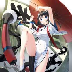 Rule 34 | 1girl, absurdres, animal ears, arms up, black hair, blue eyes, braid, braided ponytail, calligraphy brush, cat ears, cat girl, cat tail, china dress, chinese clothes, covered navel, dress, eiyuu densetsu, falcom, giant brush, grin, hair between eyes, highres, impossible clothes, impossible dress, kimyo, knee up, leg up, long hair, looking at viewer, paintbrush, pelvic curtain, short sleeves, side slit, skin tight, smile, solo, tail, white footwear