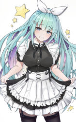 Rule 34 | 1girl, absurdres, aqua hair, black ribbon, black thighhighs, blue eyes, breasts, colored inner hair, commission, erica (soccer spirits), garter straps, hairband, highres, large breasts, long hair, looking at viewer, maid, multicolored hair, neck ribbon, purple hair, revision, ribbon, simple background, soccer spirits, solo, star-shaped pupils, star (symbol), symbol-shaped pupils, thighhighs, umber00, white background, white hairband