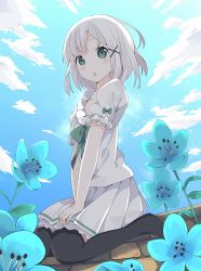 Rule 34 | 1girl, black thighhighs, blue flower, blue sky, blush, bow, cloud, collarbone, commentary request, day, eyebrows hidden by hair, flower, green bow, green eyes, hair ornament, hairclip, highres, looking at viewer, no shoes, original, outdoors, parted lips, pleated skirt, puffy short sleeves, puffy sleeves, resolution mismatch, shirt, short sleeves, sitting, skirt, sky, solo, source larger, tantan men (dragon), thighhighs, wariza, white hair, white shirt, white skirt, x hair ornament
