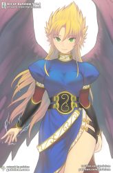 Rule 34 | 1girl, blonde hair, breasts, breath of fire, breath of fire ii, bridal gauntlets, closed mouth, commentary, dress, gloves, gofelem, green eyes, long hair, looking at viewer, nina (breath of fire ii), purple wings, side slit, simple background, smile, solo, white background, wings