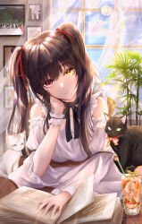 Rule 34 | 1girl, absurdres, animal, black hair, book, cat, clock eyes, closed mouth, commentary request, date a live, drink, gxws, head rest, heterochromia, highres, indoors, long hair, looking at viewer, red eyes, smile, symbol-shaped pupils, tokisaki kurumi, twintails, window, yellow eyes
