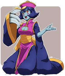 Rule 34 | 1girl, blue skin, blush stickers, breasts, chinese clothes, claws, cleavage, cleavage cutout, clothing cutout, colored skin, commentary request, dress, flipped hair, jiangshi, lei lei, nib pen (medium), nishizawa saburou, short hair, smile, solo, traditional media, vampire (game), zombie