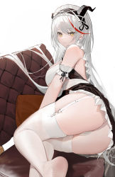 Rule 34 | 1girl, absurdres, aegir (azur lane), aegir (iron blood&#039;s dragon maid) (azur lane), apron, ass, azur lane, black dress, breasts, couch, dress, foot out of frame, frilled hairband, frills, from behind, garter straps, hairband, highres, large breasts, long hair, looking at viewer, looking back, lying, multicolored hair, official alternate costume, on couch, on side, panties, red hair, shenqi de (9), simple background, solo, streaked hair, thighhighs, thighs, two-tone hair, underbutt, underwear, very long hair, white apron, white background, white garter straps, white hair, white panties, white thighhighs, yellow eyes