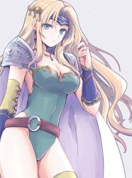 Rule 34 | 1girl, arm guards, armor, belt, blonde hair, blue eyes, breasts, cape, celes chere, cleavage, earrings, final fantasy, final fantasy vi, green leotard, grey background, hair ornament, hand up, highres, jewelry, large breasts, leotard, long hair, necklace, pan ff6, parted bangs, shoulder armor, solo, upper body, wavy hair, white cape