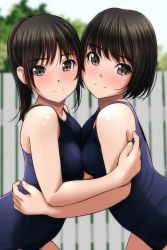 Rule 34 | 2girls, absurdres, blue one-piece swimsuit, blurry, blurry background, blush, breast press, breasts, brown eyes, brown hair, closed mouth, fingernails, highres, hug, looking at viewer, matsunaga kouyou, medium breasts, multiple girls, one-piece swimsuit, original, ponytail, short hair, smile, swimsuit, symmetrical docking