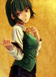 Rule 34 | 1girl, :o, black skirt, blunt bangs, bow, bowtie, breasts, buttons, clenched hand, clipboard, collared shirt, colored eyelashes, come hither, cowboy shot, dress shirt, from side, green hair, hairband, head tilt, holding, idolmaster, idolmaster (classic), index finger raised, long sleeves, looking at viewer, mole, mole under mouth, noririn, open mouth, orange background, otonashi kotori, pencil skirt, red eyes, shirt, short hair, skirt, solo, vest, white shirt