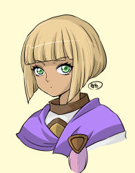Rule 34 | 05a7w, 1girl, blonde hair, closed mouth, golden sun, green eyes, looking at viewer, revision, sheba (golden sun), short hair, simple background, solo, tan, white background