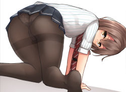 Rule 34 | 1girl, all fours, ass, black pantyhose, brown eyes, brown hair, from behind, knees together feet apart, looking at viewer, looking back, mizushina minato, necktie, no shoes, original, panties, panties under pantyhose, pantyhose, pleated skirt, school uniform, shirt, short hair, skirt, solo, striped clothes, striped shirt, thighband pantyhose, underwear, vertical-striped clothes, vertical-striped shirt