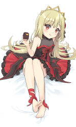 Rule 34 | 1girl, :t, ankle ribbon, bare shoulders, barefoot, bed sheet, black dress, blonde hair, blush, bow, bowtie, breasts, closed mouth, commentary request, dress, eating, ecute, feet, flower, food, food bite, food request, frills, full body, hair flower, hair ornament, highres, holding, holding food, jashin-chan dropkick, leg ribbon, lolita fashion, long hair, looking at viewer, oitsuki (getsumen diver), partial commentary, red dress, red eyes, red ribbon, ribbon, rose, simple background, sitting, small breasts, smile, soles, solo, striped bow, striped bowtie, striped clothes, tiara, toenails, toes, two-tone dress, very long hair, white background