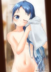 Rule 34 | 1girl, blue eyes, blue hair, blush, breasts, closed mouth, convenient censoring, drying, drying hair, gradient hair, hair censor, holding, holding towel, kantai collection, long hair, mae (maesanpicture), multicolored hair, nude, one eye closed, samidare (kancolle), small breasts, solo, towel, twitter username, very long hair