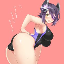 Rule 34 | 10s, 1girl, ass, bad id, bad twitter id, blush, breasts, competition swimsuit, eyepatch, fang, from side, hand on own ass, headgear, imo soba, kantai collection, large breasts, leaning forward, looking at viewer, one-piece swimsuit, open mouth, purple hair, red background, revision, short hair, simple background, solo, standing, swimsuit, tenryuu (kancolle), translated, twitter username, wet, yellow eyes