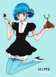 Rule 34 | 10s, 1girl, alternate hairstyle, antique phone, black dress, blue background, blue eyes, blue hair, blue pantyhose, blush, boots, casual, character name, corded phone, dress, english text, eyelashes, fashion, full body, hair ornament, hair ribbon, happinesscharge precure!, high heel boots, high heels, kagami chihiro, long hair, looking at viewer, matching hair/eyes, pantyhose, phone, precure, ribbon, rotary phone, shirayuki hime, simple background, solo