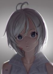 Rule 34 | .live, 1girl, :|, ahoge, backlighting, bare shoulders, blood, blood on face, blue eyes, blurry, closed mouth, collar, collarbone, commentary request, eyebrows, glaring, gradient background, grey background, highres, looking at viewer, monolith (virtual illust), shaded face, short hair, signature, dennou shoujo siro, solo, upper body, virtual youtuber, white hair