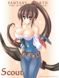 Rule 34 | 1girl, bare shoulders, breasts, brown hair, cleavage, corset, fantasy earth, large breasts, long hair, ponytail, purple eyes, scout, solo