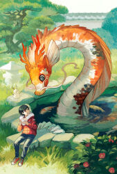 Rule 34 | 1boy, antlers, black eyes, black hair, blue pants, bush, chinese zodiac, day, dragon, eastern dragon, eating, fins, fish, food, from above, fur-trimmed hood, fur-trimmed jacket, fur trim, grass, head fins, highres, holding, holding food, hood, horns, jacket, koi, licking lips, long sleeves, open mouth, original, outdoors, pants, pond, red eyes, red footwear, red jacket, rock, scales, shoes, short hair, sitting, sitting on rock, sneakers, snowman, tami yagi, tongue, tongue out, tree, water, year of the dragon